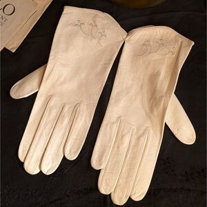 Vintage Kid Leather Evening Gloves Women's Small Cream Embroidered Lambskin